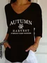 Vintage Letter Pattern V Neck Three Quarter Sleeve T-shirt