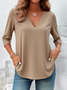 Casual Plain V Neck Long Sleeve T-shirt