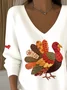 Casual Thanksgiving Day V Neck Turkey Print Comfy Sweater