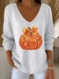 Casual Halloween Sequin Pumpkin Print V Neck Long Sleeve T-shirt