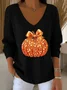 Casual Halloween Sequin Pumpkin Print V Neck Long Sleeve T-shirt