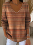 Casual Abstract Stripes V Neck Long Sleeve T-shirt