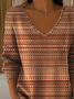 Casual Abstract Stripes V Neck Long Sleeve T-shirt