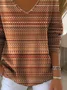 Casual Abstract Stripes V Neck Long Sleeve T-shirt