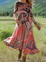Women Geometric Summer Dress Crew Neck Long Sleeve H-Line Dress
