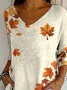 Casual Maple Leaf V Neck Three Quarter Sleeve T-shirt