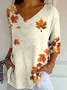 Casual Maple Leaf V Neck Three Quarter Sleeve T-shirt