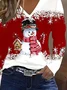 Casual Christmas Snowman V Neck Long Sleeve T-shirt