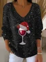 Women's Wine Glass Christmas Hat Print V-Neck Sweater