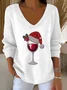 Women's Wine Glass Christmas Hat Print V-Neck Sweater