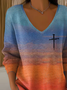 Casual Abstract V Neck Long Sleeve T-shirt