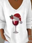 Women's Wine Glass Christmas Hat Print V-Neck Sweater