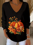 Casual Floral V Neck Long Sleeve T-shirt