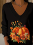 Casual Floral V Neck Long Sleeve T-shirt