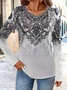 Casual Ethnic V Neck Long Sleeve T-shirt