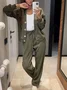 Women Plain Buttoned Two-Piece Set Daily Long Sleeve Casual Spring/Fall Top With Pants Matching Set