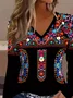 Casual Floral V Neck Long Sleeve T-shirt