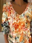 Casual Floral V Neck Long Sleeve T-shirt