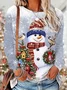 Casual Christmas Snowman Crew Neck Long Sleeve T-shirt