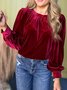 Crew Neck Puff Sleeve Long Sleeve Plain Gathered Regular Micro-Elasticity Loose Tunic Shirt For Women