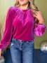 Crew Neck Puff Sleeve Long Sleeve Plain Gathered Regular Micro-Elasticity Loose Tunic Shirt For Women