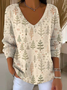 Casual Christmas V Neck Long Sleeve T-shirt