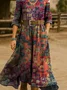 Women Ethnic Spring/Fall Dress V Neck Long Sleeve H-Line Dress