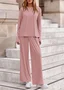 Women Plain Two-Piece Set Daily Long Sleeve Casual Spring/Fall Top With Pants Matching Set