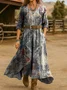 Women Ethnic Spring/Fall Dress V Neck Long Sleeve H-Line Dress