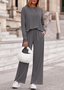 Women Plain Two-Piece Set Daily Long Sleeve Casual Spring/Fall Top With Pants Matching Set