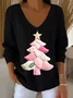 Casual Christmas V Neck Long Sleeve T-shirt