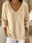 Casual Plain V Neck Long Sleeve T-shirt