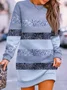 Women Striped Spring/Fall Printing Dress Crew Neck Long Sleeve Hip Skirt A-Line Dress