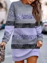 Women Striped Spring/Fall Printing Dress Crew Neck Long Sleeve Hip Skirt A-Line Dress