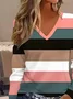 Casual Striped V Neck Long Sleeve T-shirt