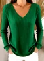 Casual Plain V Neck Long Sleeve T-shirt