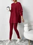 Women Plain Embossed Two-Piece Set Daily Long Sleeve Casual Spring/Fall Top With Pants Matching Set
