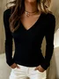 Casual Plain V Neck Long Sleeve T-shirt