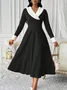 Women Plain Spring/Fall Split Joint Dress V Neck Long Sleeve Tank A-Line Dress