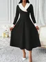 Women Plain Spring/Fall Split Joint Dress V Neck Long Sleeve Tank A-Line Dress