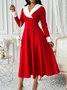 Women Plain Spring/Fall Split Joint Dress V Neck Long Sleeve Tank A-Line Dress