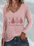 Casual Christmas V Neck Long Sleeve T-shirt