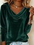 Vintage Plain Cowl Neck Long Sleeve T-shirt