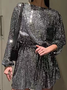 Women Plain Spring/Fall Glitter Dress Crew Neck Long Sleeve H-Line Dress