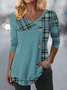 Casual Plaid V Neck Long Sleeve T-shirt