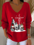 Casual Christmas Snowman V Neck Long Sleeve T-shirt