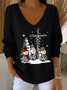 Casual Christmas Snowman V Neck Long Sleeve T-shirt