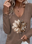 Casual Floral V Neck Long Sleeve T-shirt