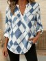 V Neck Three Quarter Sleeve Geometric Regular Loose Shirt For Women