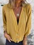 V Neck Long Sleeve Plain Buttoned Regular Loose Shirt For Women